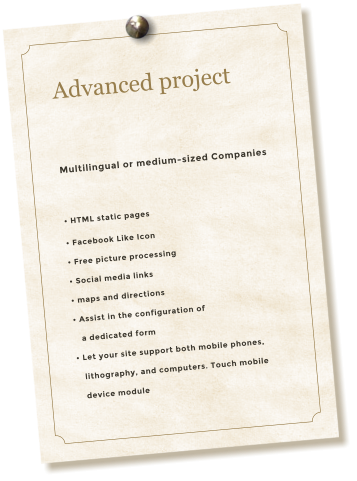Advanced project  Multilingual or medium-sized Companies  • HTML static pages • Facebook Like Icon • Free picture processing • Social media links • maps and directions • Assist in the configuration of     a dedicated form  • Let your site support both mobile phones,    lithography, and computers. Touch mobile     device module